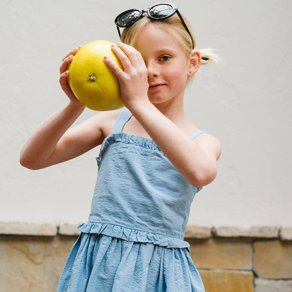 Hope and Henry - Organic Blue Ruffle Edge Seersucker Dress