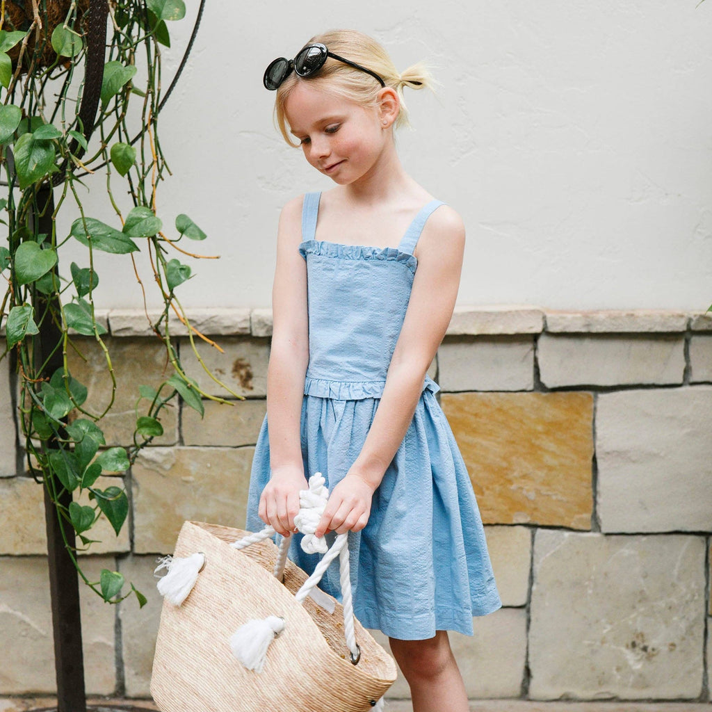 Hope and Henry - Organic Blue Ruffle Edge Seersucker Dress