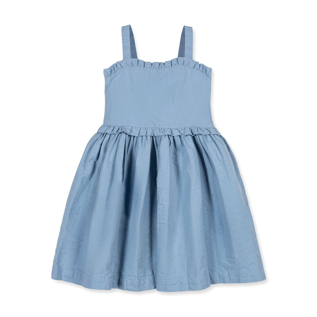 Hope and Henry - Organic Blue Ruffle Edge Seersucker Dress