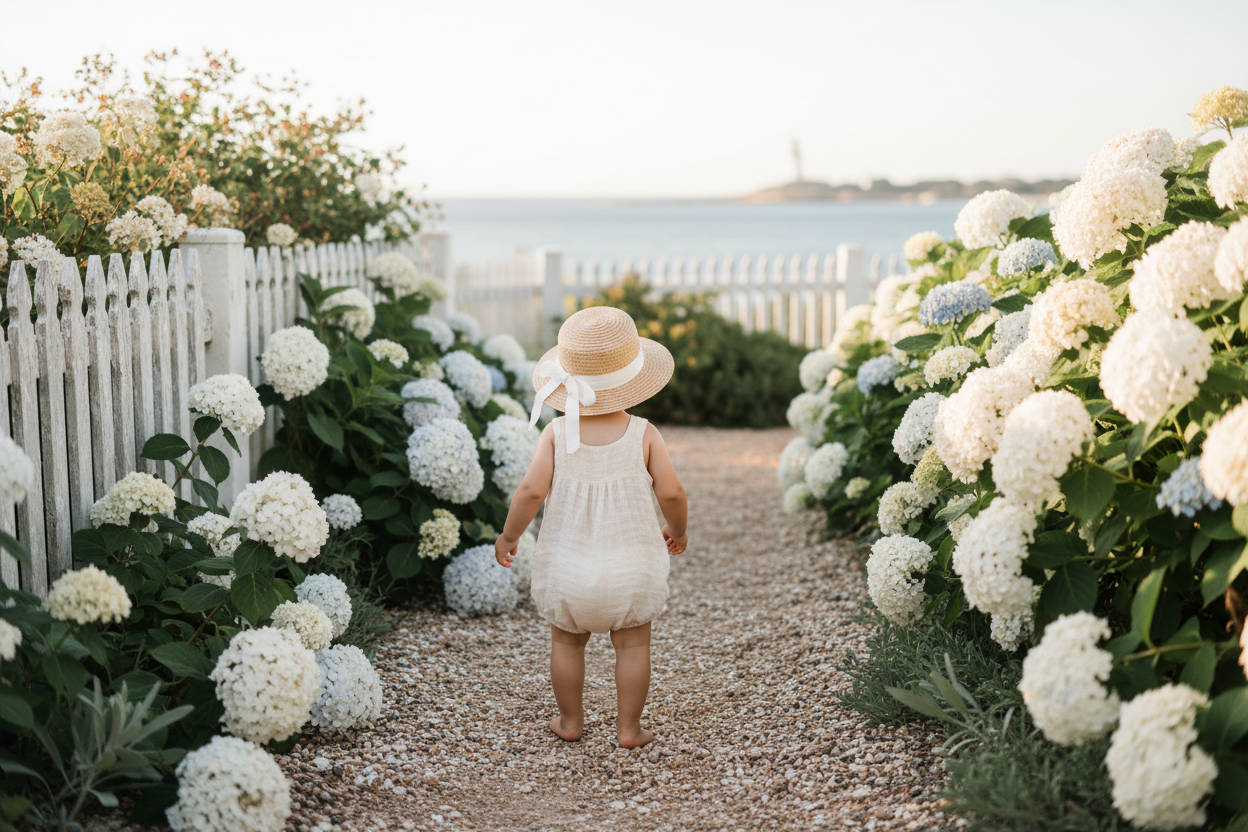 Baby in coastal garden with hydrangeas