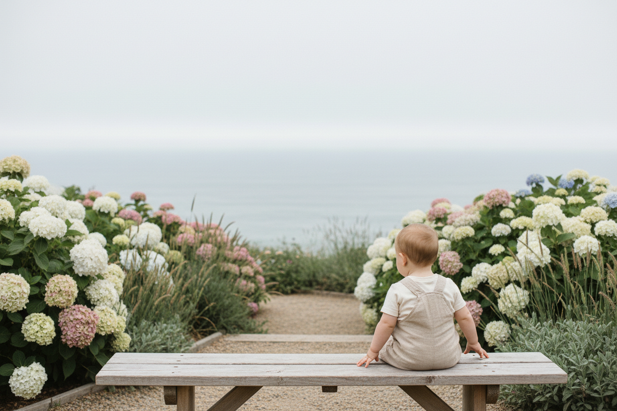 Baby sitting in Montauk yard with hydrangeas looking at ocean