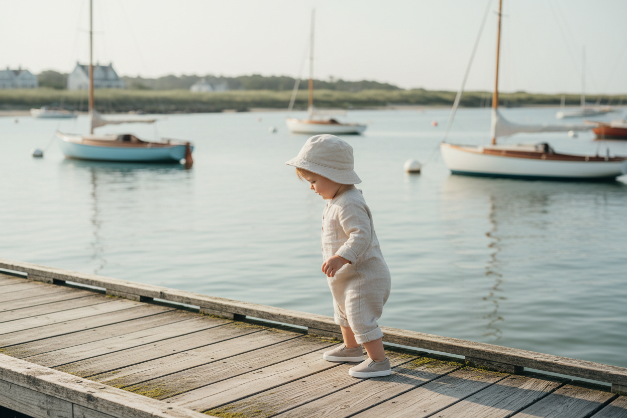Baby walking on dock with sailboats