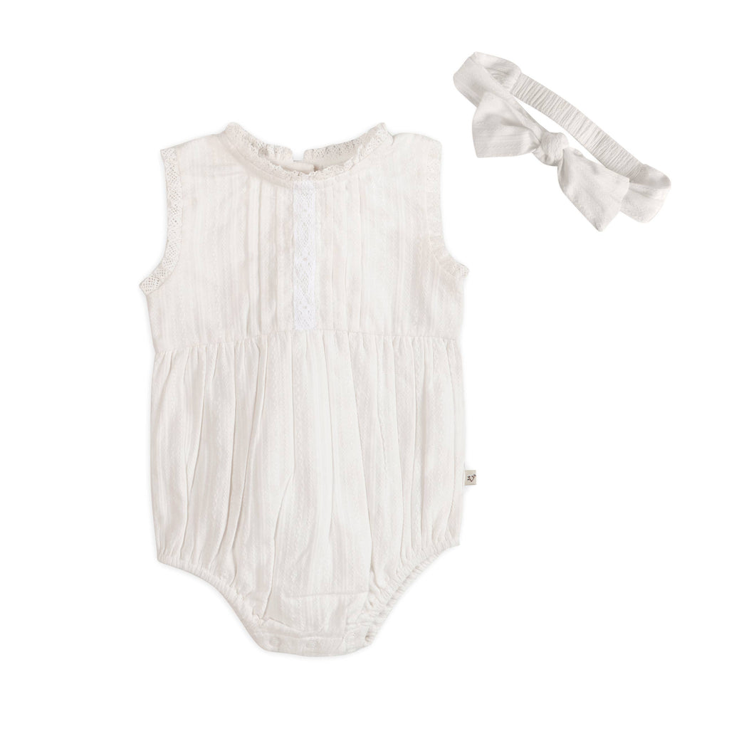 Viverano Organics - Organic Darie Striped Dobby White Baby Romper + Headband